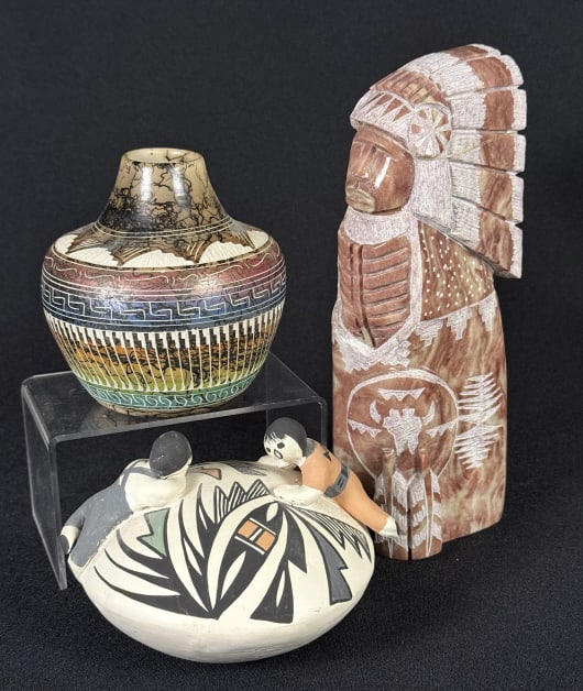 Native American Decorative Lot Jar 4.5 x 4 inches. Alabaster carved figure 9 inches tall by 3 inches (1 of 7)