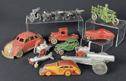 Vintage Tin & Pewter Toy Lot Heavy playwear and some damage. See photos for details. 9 x 9 x 5 total