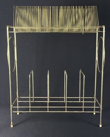 Vintage Mid Century Brass Vinyl Records Rack 22 inches tall by 17 inches wide. One broken bit on top