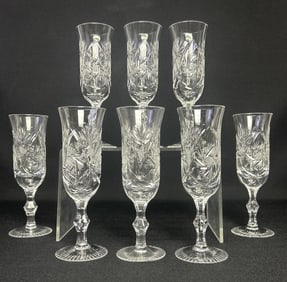 Set of 8 Brilliant Cut Crystal Champagne Flutes Glasses measure 8" tall Unsigned
