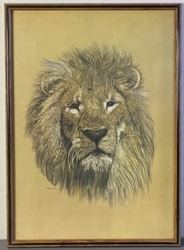 Vintage Framed Lion Lithograph Luetcke Lithograph of a portrait of a lion by Hans P Luetcke. Some