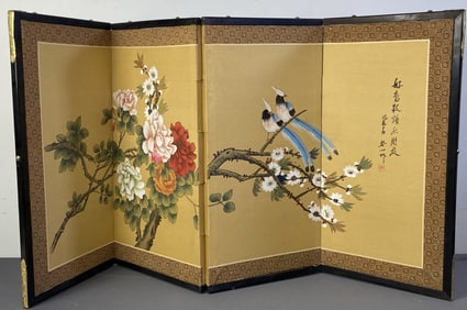 Handpainted Folding Chinese Screen Folding screen hand painted with birds and flowers. Screen
