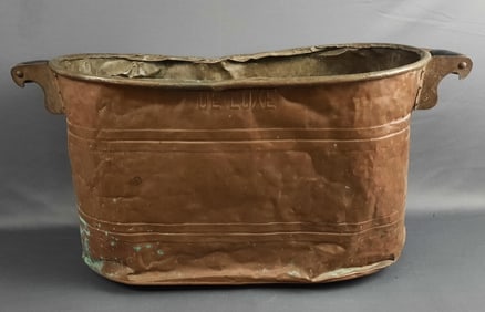 Antique Deluxe Copper Boiler Wash Tub Wash tub measures 27"x12"x14" tall. Multiple dents and marks.