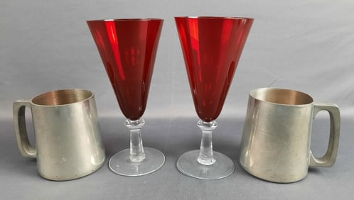 Red Champagne Glasses & Woodbury Pewter Mugs Red glasses measures 8" tall and are