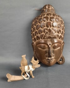 Hand Carved Wooden Buddha Mask & Moose Carving Mask measures 12"x6"