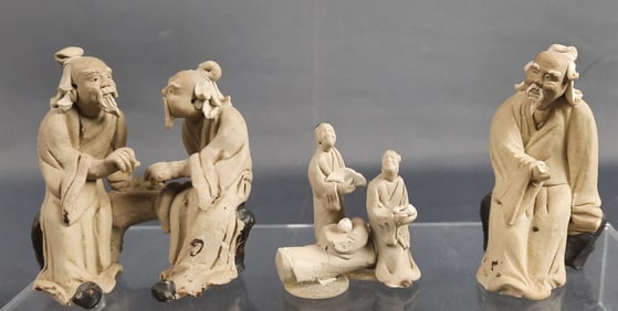 Vintage Miniature Chinese Pottery Mudmen Figures Hand broken on one figurine, same figurine has a
