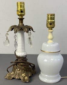 Milk Glass Table Lamps Set of Two Two white glass table lamps, one with hanging prisms and a brass