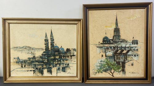 European Cityscape Mid Century Paintings Two signed factory paintings from the 60's. Signature