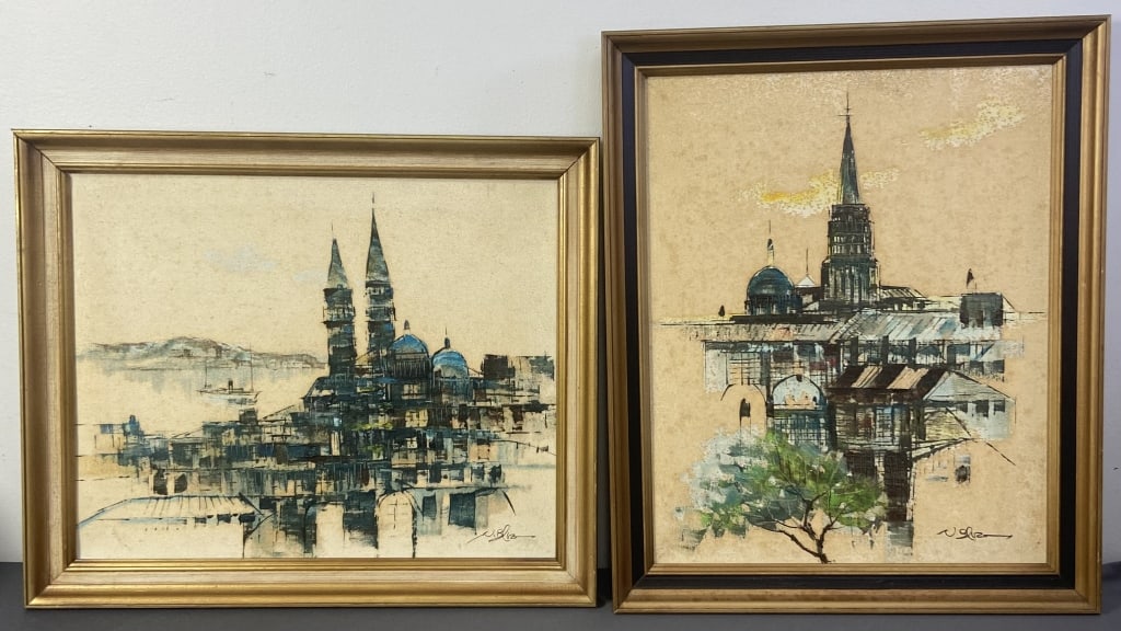European Cityscape Mid Century Paintings Two signed factory paintings from the 60's. Signature: Two signed factory paintings from the 60's. Signature appears to be N. Bliss. Paintings with frames are 19 X 22 1/2 inches in size.