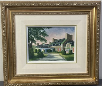 French Oil Painting Marjolaine Poirier Signed Signed painting, Le Jour Se Live au Manoir by
