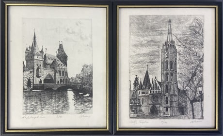 Budapest Hungary Etchings Set of Two Etchings of Vajdahunyad Castle and Church of of Lady of Buda,