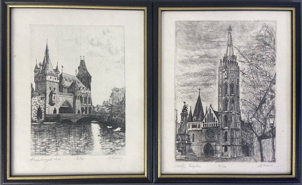 Budapest Hungary Etchings Set of Two Etchings of Vajdahunyad Castle and Church of of Lady of Buda,: Etchings of Vajdahunyad Castle and Church of of Lady of Buda, both in Budapest Hungary. Illegible signature, numbered 4/100 and 31/100. Artwork in frames are 8 1/2 X 10 1/2 inches in size.