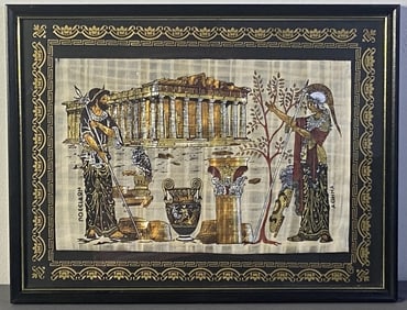 Greek Mythology Painting on Papyrus Painting on papyrus in black and gold of Poseidon and Athena