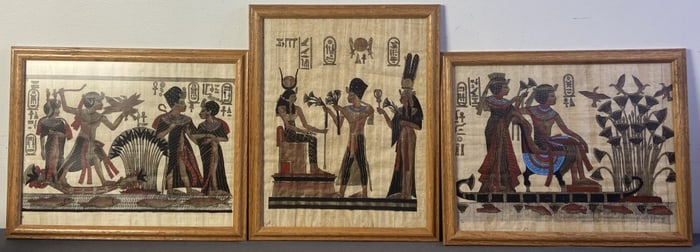 3 Egyptian Mythology Paintings on Papyrus Three paintings of scenes from Egyptian mythology on
