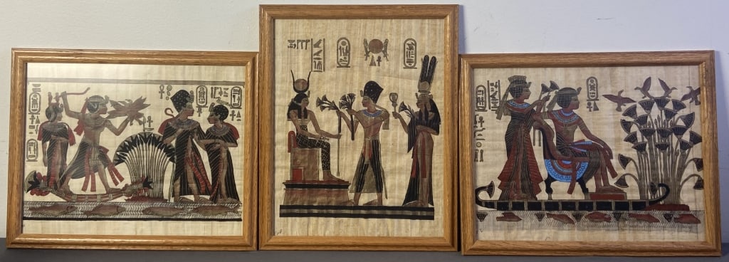 3 Egyptian Mythology Paintings on Papyrus Three paintings of scenes from Egyptian mythology on: Three paintings of scenes from Egyptian mythology on papyrus. Each is signed, includes certificate of authenticity on back of center painting. Artwork with frames are 12 1/4 X 15 1/4 inches in size.