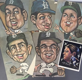 Vintage Mid Century Detroit Tigers Lithographs Cartoon drawings of Detroit Tigers baseball players