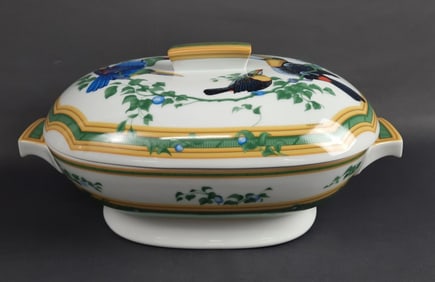 Hermes Toucans Covered Tureen Measures 12 x 7.5 x 5 inches tall. No chips, cracks or damage noted.
