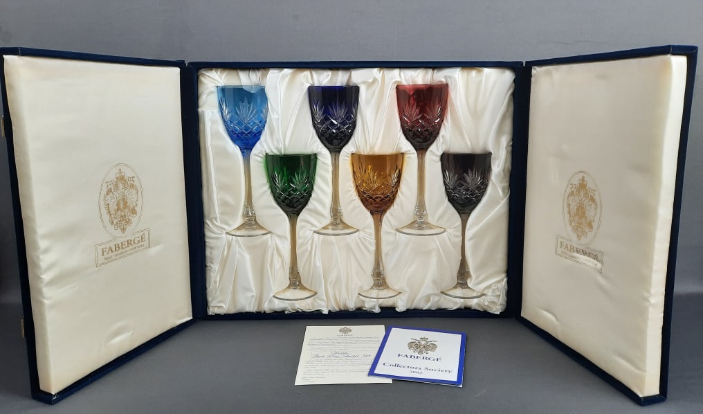 Faberge Odessa Hock Cut Crystal Wine Glasses & Case: & Case Glasses are 8.25 inches tall. Box measures 18 x 15 x 5 inches. No chips, cracks or damage noted.