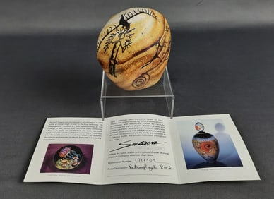 Signed Satava Glass Art Retroglyph Rock 1701 09 Measures 4 x 4 inches. Please see images for details