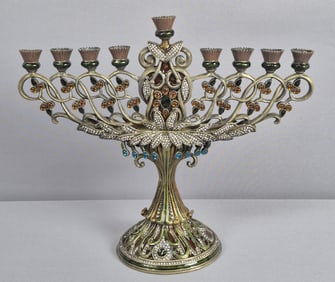 Jay Strongwater Enameled & Jeweled Menorah Measures 14x12 inches tall. Missing one amber gem. Middle