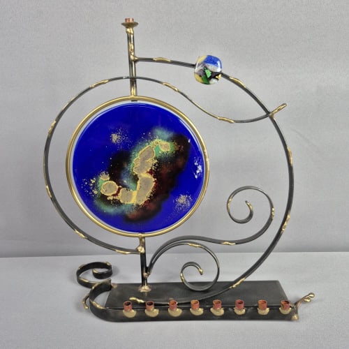 Abstract Handcrafted Curved Mixed Metal & Dichroic Glass Menorah: Dichroic Glass Menorah 15 x 16 tall. Please see images for details regarding the condition.