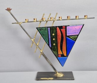 Triangular 80's Style Colorful Mix Metal Menorah Measures 13 x 11 inches tall. Please see images for