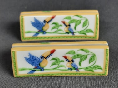 Pair of Hermes Toucans Menu Holders Each one measures 3 inches long. No chips, cracks or damaged