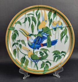 Hermes Toucans Round Serving Platter Measures 12 inches. Stand not included. Few small utensil