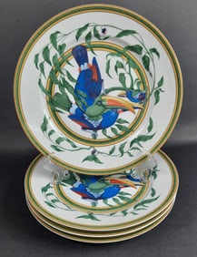 4 Hermes Toucans Dinner Plates Plates measure 10.5 inches. Utensil marks present, some small areas