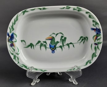 Hermes Toucans Pickle Appetizer Dish Measures 7.5 x 5 inches. Few small utensil marks. No chips or