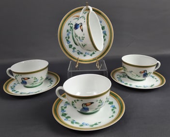 Hermes Toucans Cups & Saucer Set for 4 Saucers measure 5.5 inches & cups are 3.5 x 2 inches tall.