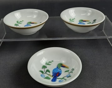 3 Hermes Toucans Soya Dishes Measures 2.5 x 1 inches tall. No chips, cracks or damage noted.