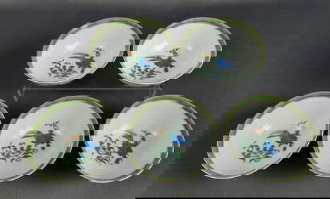 5 Hermes Toucans Rice Bowls 4.5 x 2 inches tall. There are small utensil marks and a few chips in