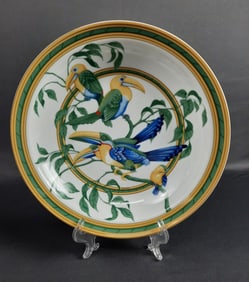 Hermes Toucans Deep Round Serving Platter 11.5 x 2.5 inches tall. Utensil marks present. There is a
