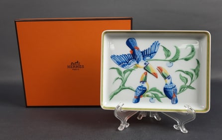 Hermes Toucans Sushi Plate Rectangular Tray & Box Measures 6 x 4.5 Inches. Stand not included. No