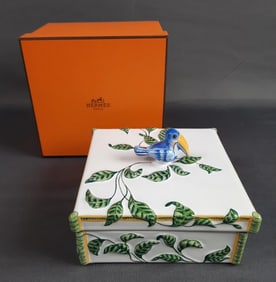 Hermes Toucans Porcelain Trinket Box with Lid & Box