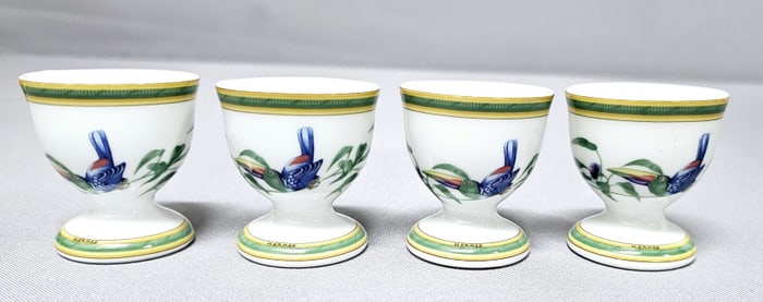 4 Hermes Toucans Single Egg Cups Holders Measures 2 inches tall. No chips, cracks or damage.
