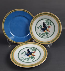 Hermes Toucans Assorted Lunch Salad Plates 8.5 inch blue plate has some wear/chips in paint. 2 7.5