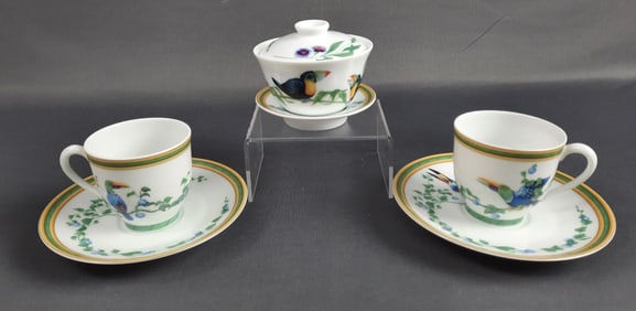 Hermes Toucans Asian Flat Cup Set & Espresso Demitasse Cups & Saucers