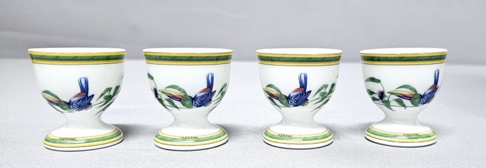 4 Hermes Toucans Single Egg Cups Holders Each one measures 2 inches tall. No chips, cracks or