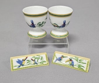 Hermes Toucans Egg Cups & Menu Holders Menu holders measure 3 inches. Egg cups measure 2 inches
