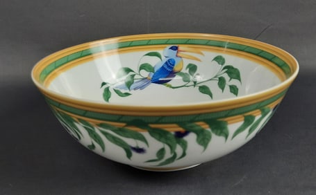 Hermes Toucans Round Salad Serving Bowl 9.5 x 4 inches tall. There is a 2 inch fine crack around the