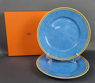 Hermes Toucans Blue Charger Plates & Box 12 inch plates. No chips, cracks or damage. Box has some