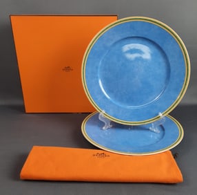 Hermes Toucans Blue Presentation Plates & Box & Bag  12 inch plates. No chips, cracks or damage.
