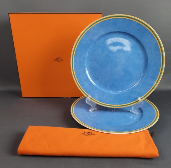 Hermes Toucans Blue Presentation Plates & Box & Bag  12 inch plates. No chips, cracks or damage. (1 of 13)