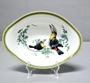Hermes Toucans Oval Vegetable Serving Bowl Measures 9.5 x 7 x 2.5 inches tall. Couple small utensil