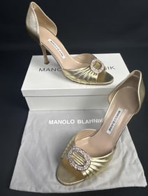 Manolo Blahnik Sedaraby Heels 40 1/2 Gold colored open toed heels with rhinestone detail. Includes