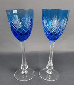 Faberge Crystal Odessa Hock Blue Wine Glasses 8.25 inches tall. There is a very small chip around
