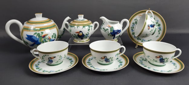 Hermes Toucans Tea Set for 4 #2 Creamer and sugar bowl measure 3 x 3