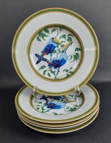 5 Hermes Toucans Large Rim Soup Bowls 9 inches wide. Few utensil marks present. No chips or cracks.